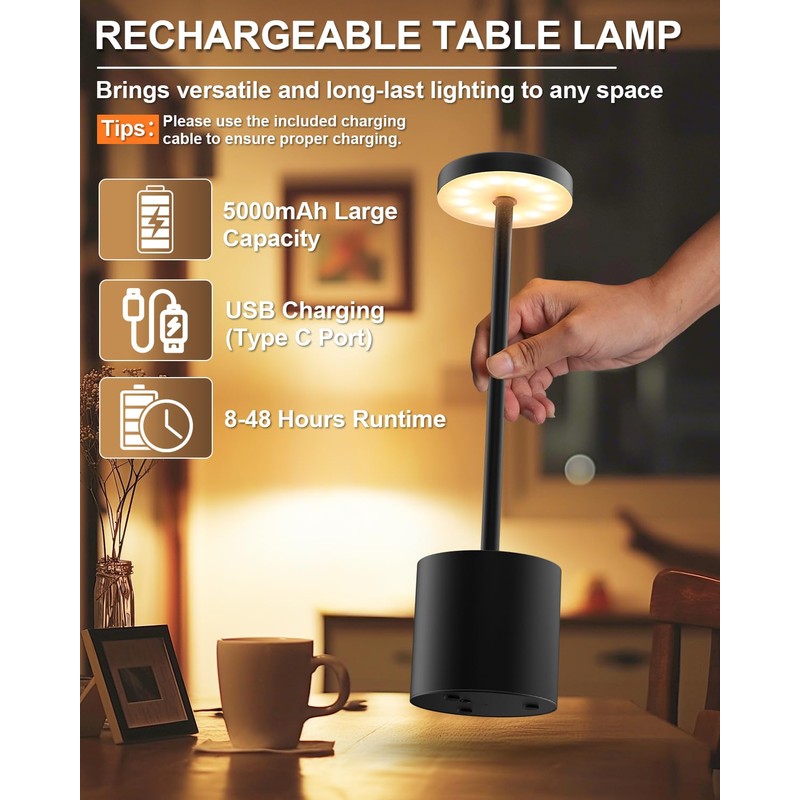 Cordless Table Lamp Set of 2, Rechargeable 5000mAh Battery Powered