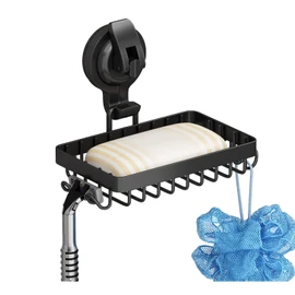 Suction Cup Soap Holder Soap Dish with Hooks for Razor, Sponge, 304 Stainless Steel, Black