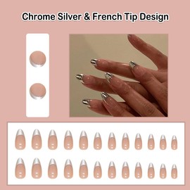 ANDGING Chrome Silver Press on Nails French Tip Almond Short Glue on Nails for Women Medium Fake Nails with Designs Glossy Manicure Fantasy Stick on Nails for Wedding Gel Acrylic False Nails