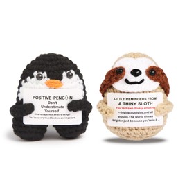 TREEHOLE Mini Positive Crochet Animals Gifts, 2PCS Cute Crochet Animals Penguin Sloth with Positive Card, Funny Emotional Support Birthday Easter Festival Gifts for Men Women