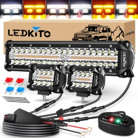LEDKITO 12In LED Light Bar and 4In LED Cube Pod Lights Amber White 6 Modes Strobe Spot Flood Combo Dual Color Offroad Driving Work Lights Bar with Memory Reset Function for ATV UTV SUV Trucks Pickup