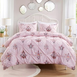 Comfort Spaces Pink Queen Comforter Set - 3 Piece Pintuck Tufted Vintage Floral Bedding Set, All Seasons Skin-Friendly, Lightweight & Soft Microfiber Queen Bed Set, Matching Shams
