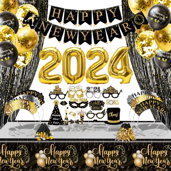 iZoeL New Year's Eve Decoration 2024 New Year's Eve Party Decoration Set, Happy New Year Garland Tablecloths Photo Prop Glitter Curtain Balloons for New Year's Eve Decoration Confetti Balloons Black