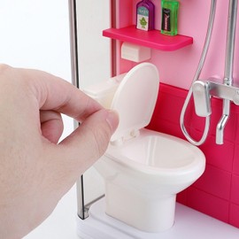 Doll Mini Bathroom Laundry Playset for Kids, House Furniture Pretend Play Toy Accessories Set with Realistic Lights & Sounds for Toddlers, Girls (4-in-1 Bathroom Set)