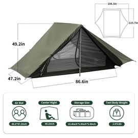 TENPLAY Ultralight Backpacking Tent - 2 Person, Lightweight 20D Nylon, Waterproof 5000mm, Compact, Easy Setup, Portable, 3 Season for Hiking, Mountaineering, Climbing (Green)