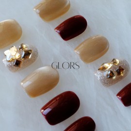 [GLORS] Purely Handmade Short Press On Nails | Burgundy Moonlight Cat-eye High-End Wearable Fake False Nails | Salon Quality in Short Square (XS, SS)