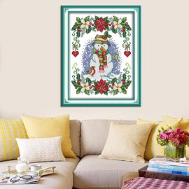 WOWDECOR Cross Stitch Embroidery Starter Kit Christmas Snowman Flowers 11ct Embossed DIY DMC Needlework for Beginners