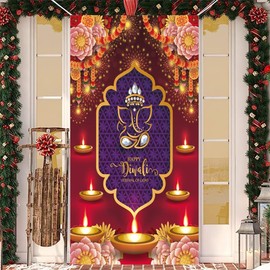 KYMY Happy Diwali Door Cover Decorations, India Festival Diwali Banner 70.9X34.5inch, Durable Festival of Lights Rangoli Deepavali Photography Background for Indian Diwali Party Supplies Decor