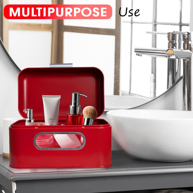 Plexon Red Bread Box for Kitchen Countertop with Lid and