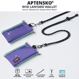 APTENSKO RFID Travel Wallet with Adjustable Lanyard-Zipper Small Wallet with ID Card Holder, Keychain for women&men-Minimalist Slim Waterproof Nylon case for ID, Cash, Key (Violet)