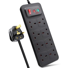 EXTRASTAR Universal Extension Lead, 8 Way Outlets Surge Protection Power Strips with Switch, Wall Mounted 13A/MAX.3120W Fused UK Power Socket (5M, Black)