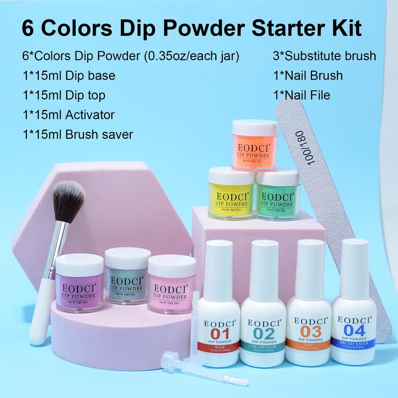 Eodci 12 Pieces Dipping Powder Nails Starter - 6 Colours