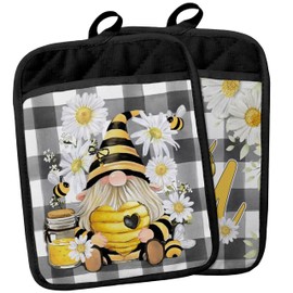 Gnome Bee Gifts Pot Holders with Pockets, Black Buffalo Plaid Bee Gnome Floral Pot Holders Heat Resistant Oven Mitts Hot Pads for Kitchen Baking Cooking