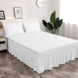 Toodou Full Bed Skirt 16 Inch Drop Dust Ruffle Only, Three Microfiber Fabric Sides Wrap Around with Elastic, Easy to Install, Cover Up The Full Size Bed, White