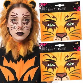Lion Face Tattoos Stickers Glitter Face Jewels Cute Animal Temporary Tattoo for Adult Kids Makeup Birthday Halloween Cosplay Party Decoration Supplies 2Pcs (11-lion)
