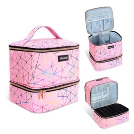 SAVILAND Nail Polish Organizer Bag: PU Leather Case Holds 30 Bottles & a Nail Lamp Holographic Organized Nail Tech Supplies Perfect for Storage Travel - Color: Pink