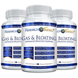 Research Verified Gas and Bloating - Relax Intestinal Muscles, Eliminate Gas Buildup - Artichoke Powder, Ginger, Peppermint Leaf Powder - 180 Capsules - Vegan
