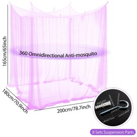 Mosquito Net Bed Travel, Mosquito Net Double Bed and Single, Single Door Hanging Bed Net with 8 Hangers, Purple Mosquito Net Bed Curtain, Bed Canopy Fine Mesh for Home and Camping, 200 x 180 x 165 cm