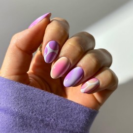 Short Oval False Nails - 24Pcs Colourful Smudges Designs Fake Nail - French Almond Purple & Pink Press on Nails with Glue - Full Cover Acrylic Reusable Stick on Nails for Women Nail Art Summer