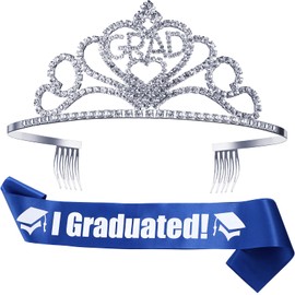 Chinco 2025 Graduation Tiara with Sash for Women, Glittered Metal Princess Grad Crown Cap Headbands and Grad Sash for Graduation Party Favors(Blue)