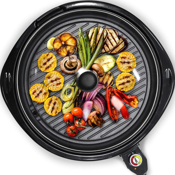 Elite Gourmet EMG-980BSC Large Indoor Electric Round Nonstick Grill Cool Touch Fast Heat Up Ideal Low-Fat Meals Easy to Clean Design Dishwasher Safe Includes Glass Lid, 14" Round B, Black