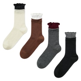 Gaoso Women's Calf Socks 4-Pack Ruffle Design Cute Vintage Aesthetic Crew Socks (Black/White/Gray/Brown) Breathable Knit Double Ribbed Cuffs