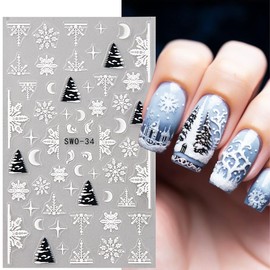 2sheets 5D Embossed Christmas Nail Stickers for Nail Art Snowman Nail Art Stickers Self Adhesive Winter Snowflake Tree Flower Nail Decals Xmas Star Moon Nail Design Stickers for Women Girl
