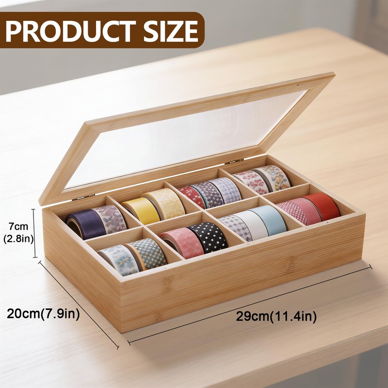 Qinpufu Wooden Washi Tape Organizer Box with Clear Lid –