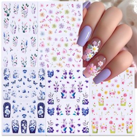 Flower Butterfly Nail Art Stickers Women Spring Summer Embossed Floral Leaves Rose Holographic Manicure Decals Self Adhesive DIY Decorations Supplies 5 Sheets