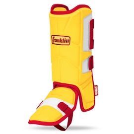 Franklin Sports Baseball + Softball Leg Guard - PRT Series Adult Shin + Foot Shield for Batting - Protective Leg + Ankle Guard with Toe Plate - Right Hand + Left Hand Hitters - Yellow/Red - One Size