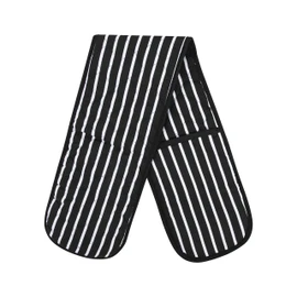 Molly Malou 100% Cotton Butcher Stripe Quilted Double Oven Gloves Pot Holder Heat Resistant Mitt Come in Four Colours (Black)