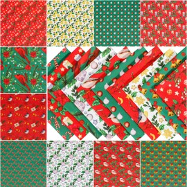 Qpout 10pcs Christmas Cotton Linen Fabric Patchwork, 9.8" x 9.8" (25cm x 25cm) Multi-Color Xmas Quilting Craft Fabric Bundles, Snowflakes Bells Fat Squares Patchwork for DIY Sewing
