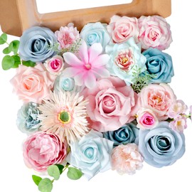 Roahosy Blue Pink Artificial Flowers Combo, Roses Fake Flowers with Stems Wedding Pastel Flowers for Decorations DIY Bouquets Centerpieces Floral Arrangements Decor