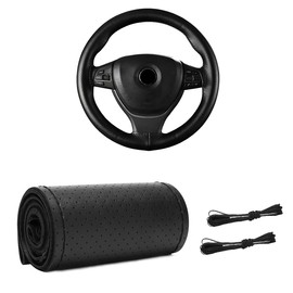 Gasedin Genuine Leather Steering Wheel Cover, Stitch On Wrap for Steering Wheel up to Diameter 15 Inches, DIY Sewing Steering Wheel Protector, Car Accessories (Black, with Pore)