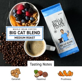 STELLA BLUE Fresh Whole Bean Coffee | Big Cat Blend | 100% Arabica Medium Roast | Whole Beans Ethically Sourced from Central America | Balanced Flavor | Supports PAWS Chicago | 12 oz Bag