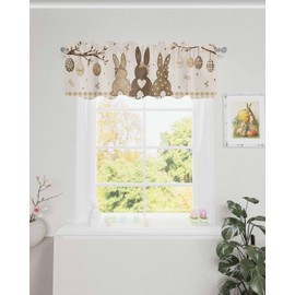 JasmineM Easter Eggs Spring Bunny Tail Valances Curtains for Windows, Easter Decorations Rod Pocket Kitchen Valance Scarf for Living Room/Bedroom/Bathroom, 54x18in, Khaki Buffalo Plaid