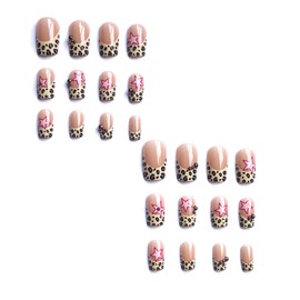 MERVF Square Press on Nails Long Fake Nails Leopard French Tip Glue on Nails Pink Star Press ons Rhinestones Design Acrylic Nails Cute Squoval False Nails for Women Glossy 24pcs