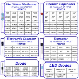 Cermant 1400Pcs 6 Values Electronics Component Assortment Kit，Electrolytic Capacitor, LED Diode, Common Diode, Resistor, Ceramic Capacitor, Transistor Component for Arduino, Electronic DIY Project