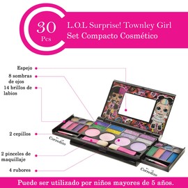 L.O.L Surprise! Townley Girl 30 Pcs Cosmetic Compact Set Includes Mirror, 14 Lip glosses, 8 Eye Shadow, 4 Blushes & 4 Brushes Safe & Non-Toxic Colorful Portable Foldable Makeup Beauty Kit for Girls