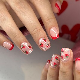 Red French Tip Press on Nails Short Square Strawberry Fake Nails with Glue White Flower Acrylic Nails Full Cover Nude Glossy False Nails for Women DIY Manicure Decoration 24PCS
