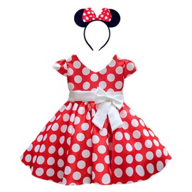 DreamHigh Girls Toddlers Polka Dot Skirt Cap Sleeves Flowers Girl Vintage Bow Dress with Headband Red 3T
