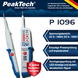 PeakTech 1096 2-Pin AC/DC Voltage Tester with Dual Display & FI Test, Dust & Water Protection (IP64), LCD Display + Torch, Continuity Tester, Polarity Display, Voltage Meter 6V - 1000V