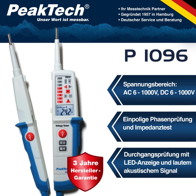 PeakTech 1096 2-Pin AC/DC Voltage Tester with Dual Display &