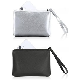 2 Pack Small Zipper Pouch Mini Makeup Bag for Purse Lipstick Cosmetic Travel Make Up Organizer for Women Essentials Feminine Products, Car Change Coin Holder 8x5 Phone Wristlet Wallet, Black, Silver