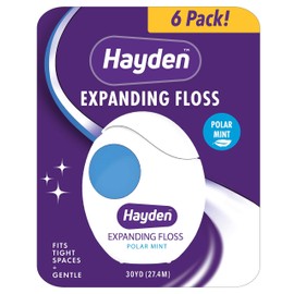 Hayden Expanding Dental Floss. Expands To Clean Between Tight Teeth. 6 Pack Value. Fresh Feeling Polar Mint Woven Floss. Anti Tartar Actives for Gentle Care. 180 Yards. Expandable Clean. PFA Free.