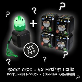 MegaLight Blind Box Mini Night Lights for Children, Pack of 5, Mystery Box, Rocky Croc + 4 out of 9 at Random, Infinitely Dimmable, with Pendant, 4 Different Light Colours, EGGY'S Mystery Lights