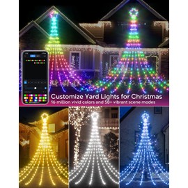 Outdoor Christmas Decorations Tree Lights for Yard, 16.5FT Dynamic Star String Lights Waterfall App Control Color Changing Music Timer, Christams Lights Plug in 245 LEDs for Outside Xmas Home Decor