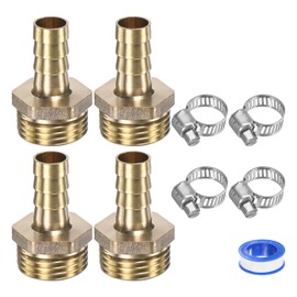M METERXITY 2-Pack Brass Hose Barb Fittings, 10mm x G1/2 Male Couple Hose Connector with Stainless Steel Hose Clamp & PTFE Tape, Barbed Air Hose Repair Fitting Adapter Kit