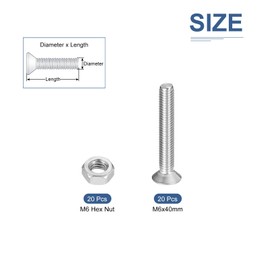 DTGN 40Pcs M6-1.0 x 40mm Flat Head Hex Socket Cap Screws Bolts Nuts Kit, 304 Stainless Steel Round Flat Metric Machine Screws, Full Thread