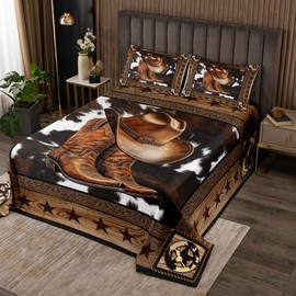 Manfei Western Cowboy Bedspread King Size,Western Texas Star Wooden Plank Rustic Coverlet Set,Boys Girls Adults Room Decor,Cow Fur Farmhouse Quilted Coverlet,Brown Retro Bedding Quilt,2 Pillowcases